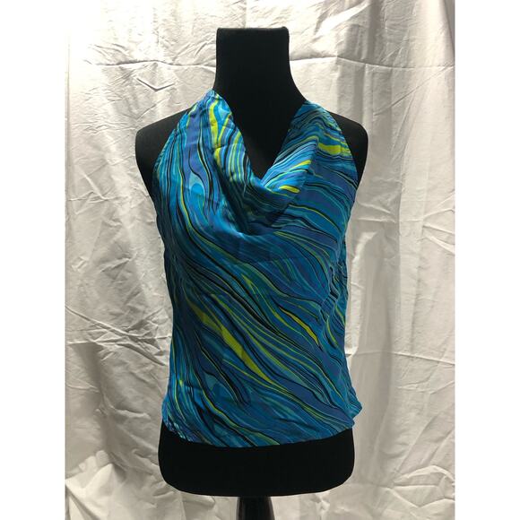 Sandra turquoise 100% silk sleeveless blouse cowl neck women's size 4P - Picture 1 of 4